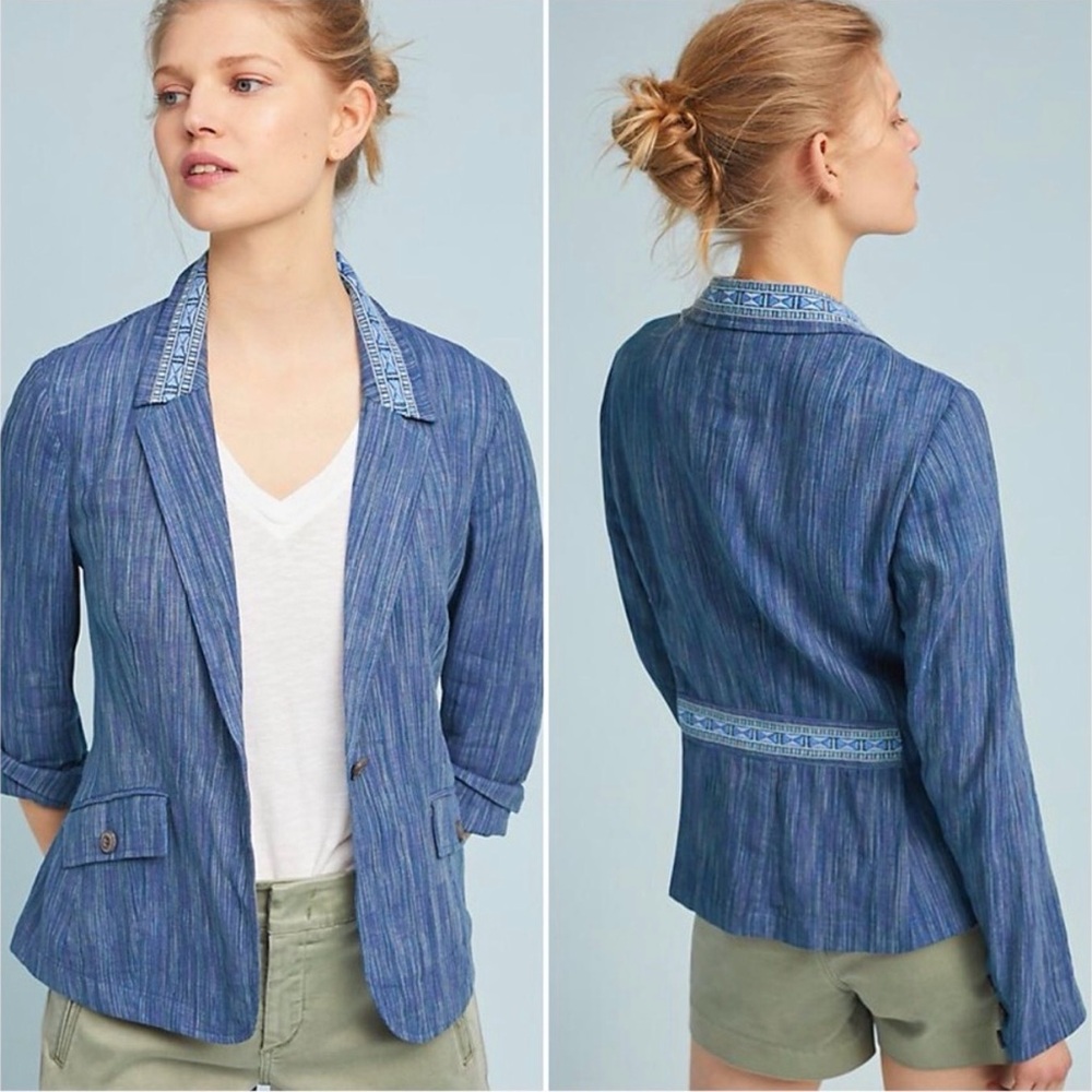 NWT Anthropologie Cartonnier Blue Winona Embroidered Blazer